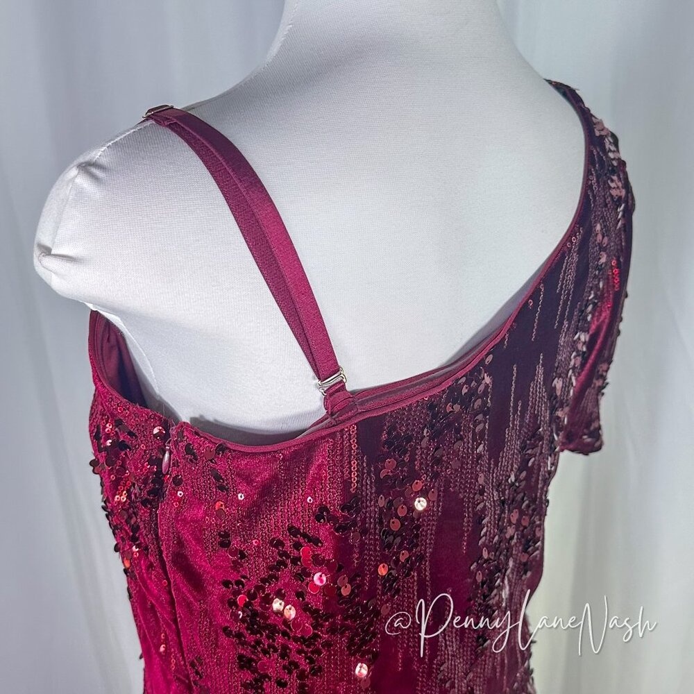 Kensie One-Shoulder Fit & Flare Sequin Velvet Formal Dress Burgundy - Picture 8 of 15